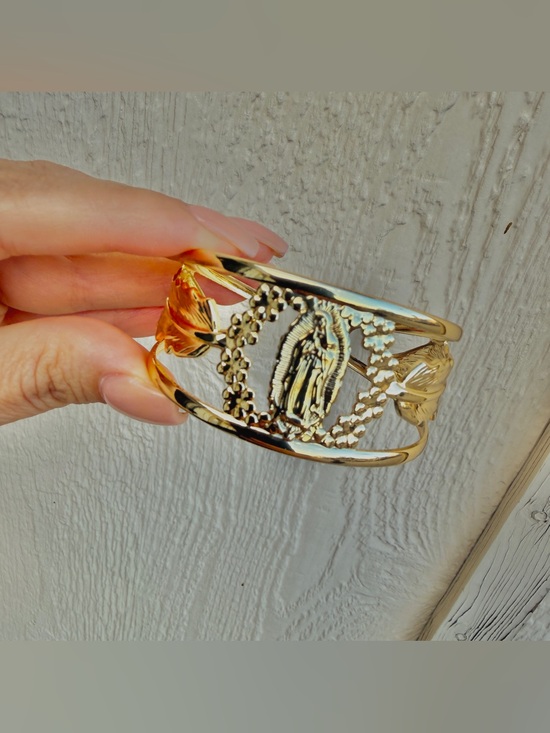 Boutique Brand Jewelry - Virgin Mary Gold Plated Open Bangle Bracelet with Feather & Floral Design